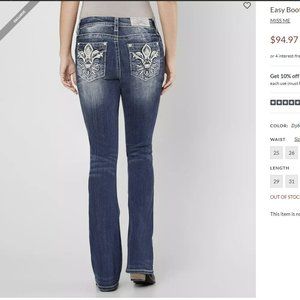 MISS ME Mid-Rise Easy Boot Women's Jeans Size 28 NWOT Fleur De Lis